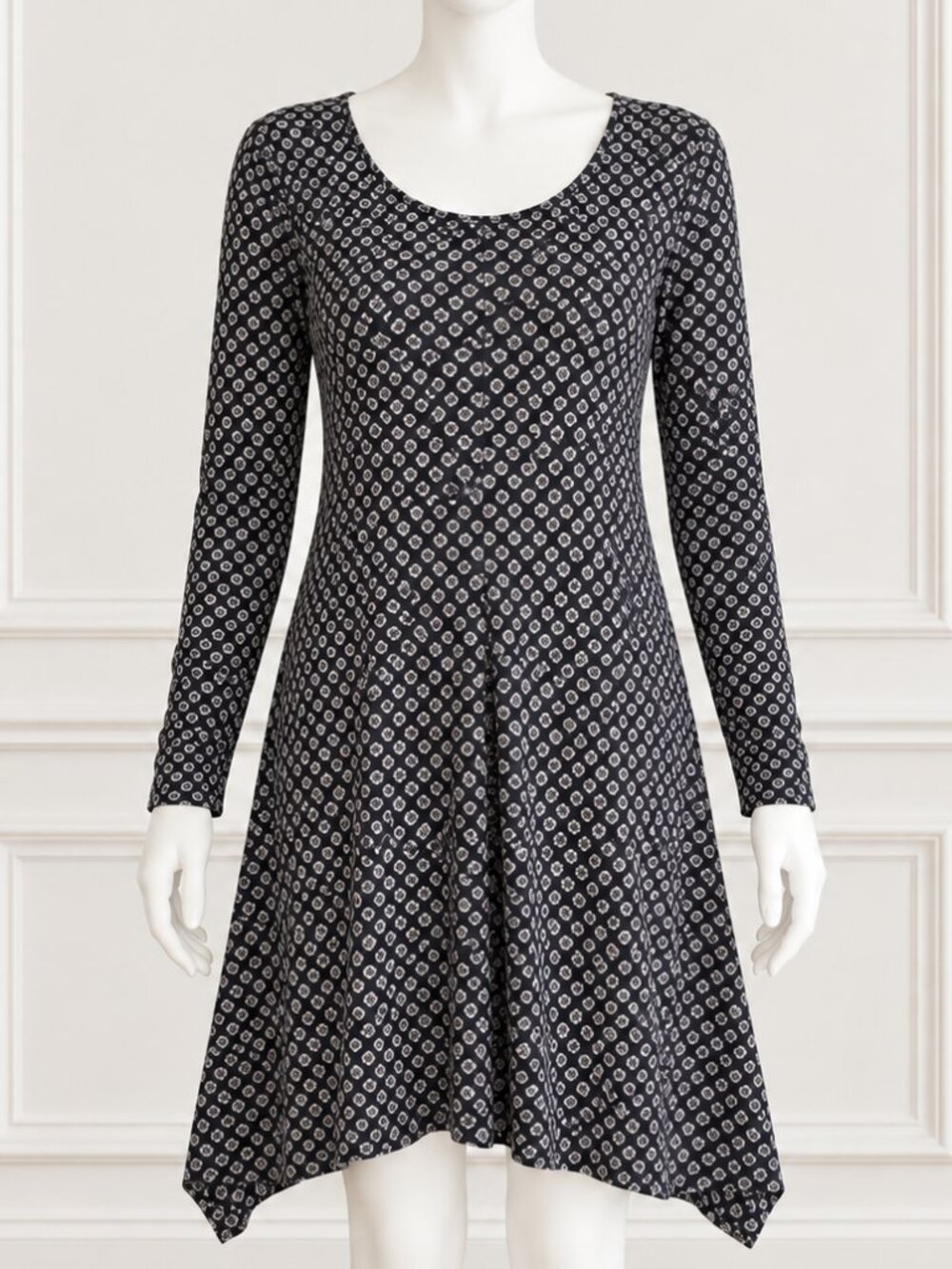 Gundrun Sjoden Black and gray floral Scoop Neck Tunic Dress | Size L